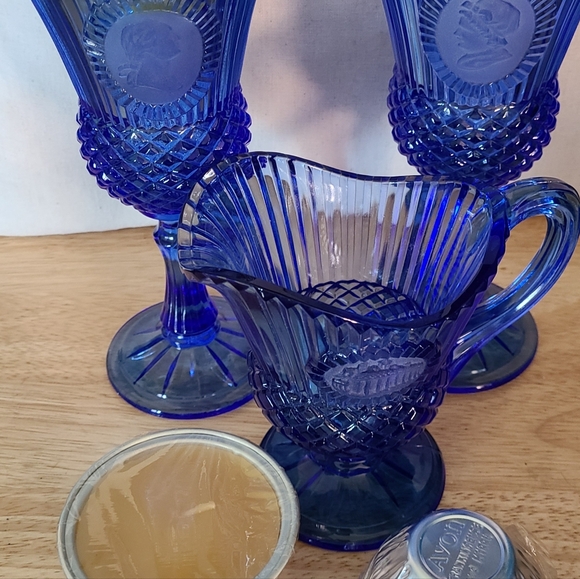 Vintage Fostoria Cobalt Blue Avon Pitcher/Creamer and Two Goblets W/ Orig Candle - Picture 11 of 11